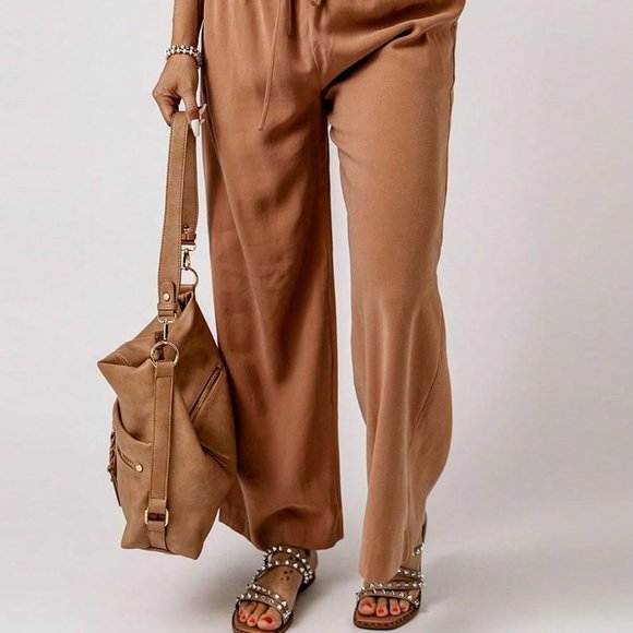 Brown Preppy Womens Drawstring Waist Wide Leg Pants - Picture 4 of 6